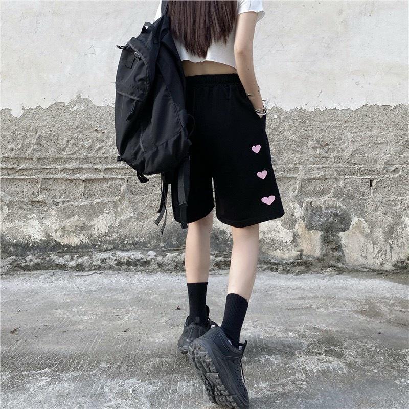 Quần đùi thụng chữ tim hồng quần short ngố lửng ulzzang nam nữ unisex phong cách Hàn Quốc
