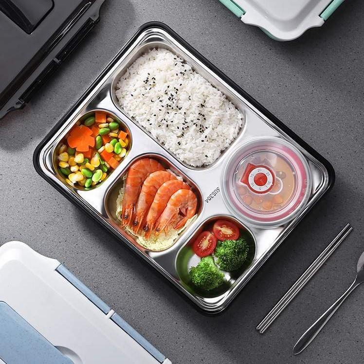 Combo 5 Khay Đựng Cơm 5 Ngăn Inox Có Nắp Đậy Chống Tràn Có Cốc Đựng Canh và Đũa Thìa Inox