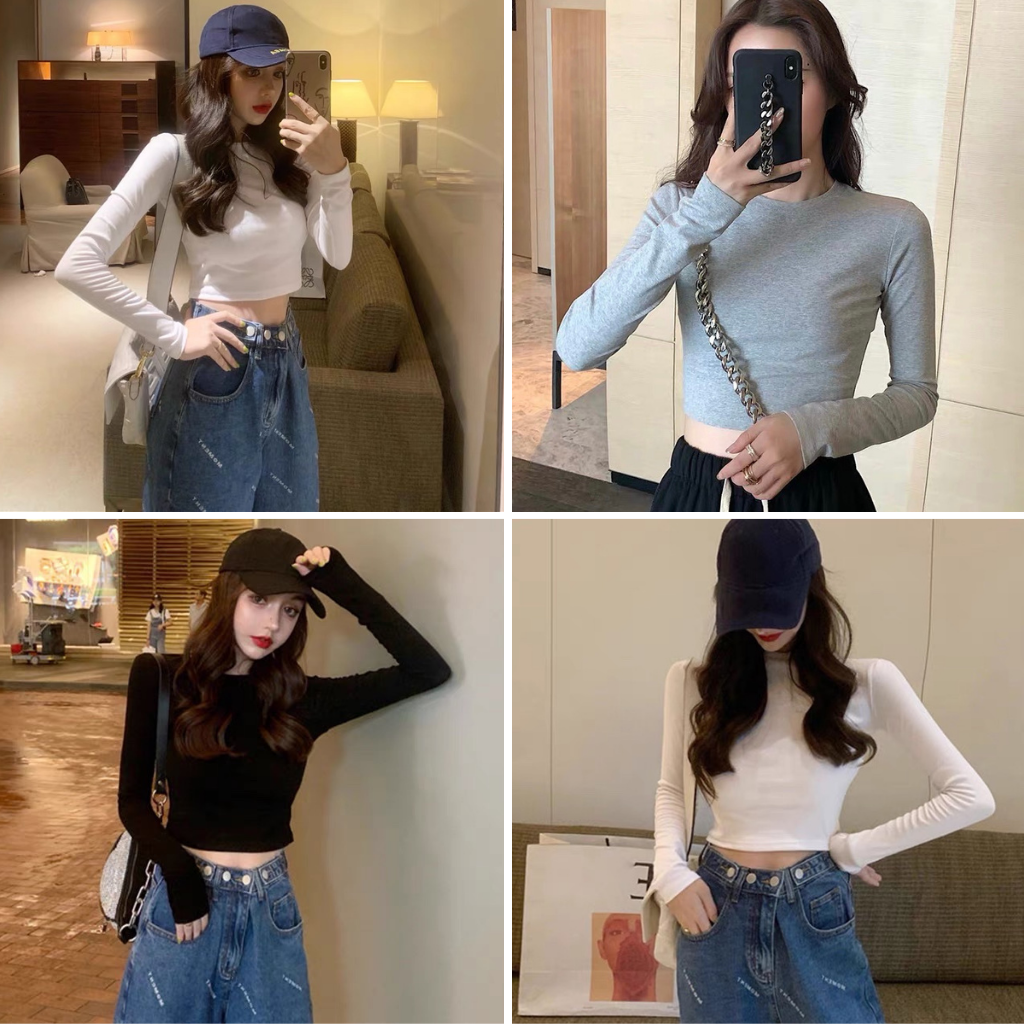 Áo croptop cổ tròn dài tay chất thun co giãn dễ mix đồ freesize