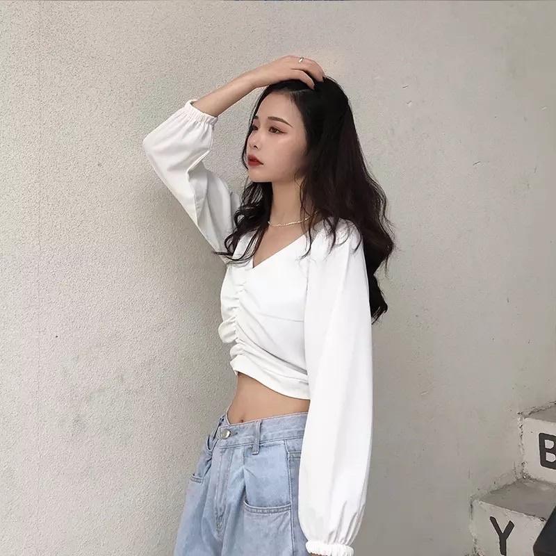 Áo Kiểu Nữ Cổ Chữ V Thanh Lịch CropTop Thời Trang