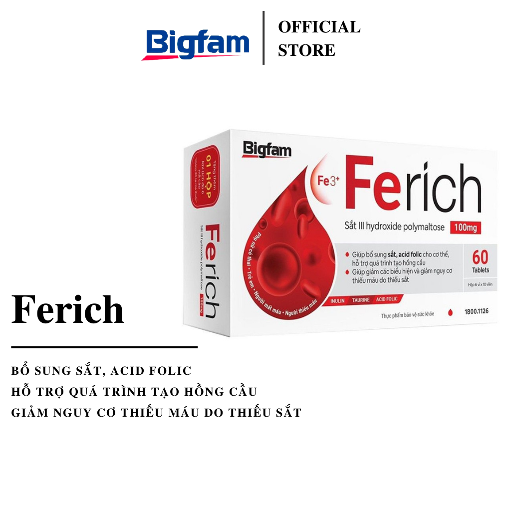 Viên uống bổ sung sắt, acid folic Ferich Bigfam hộp 60 viên