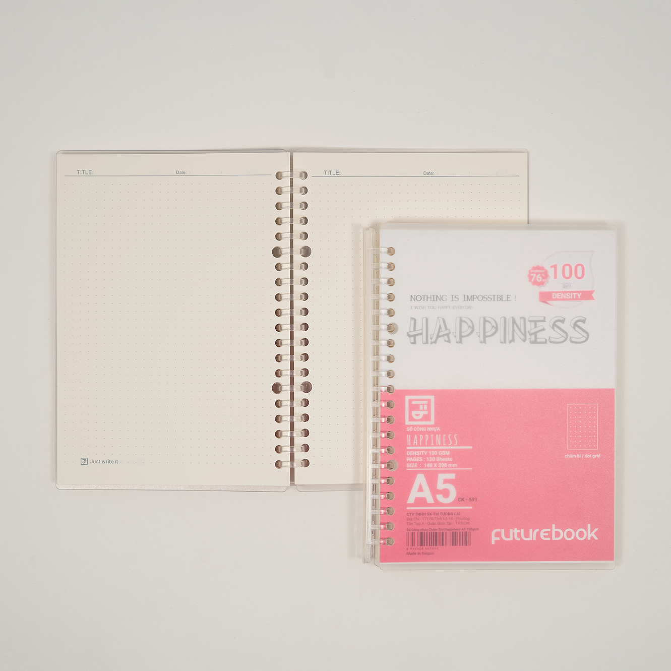 Sổ còng nhựa Happiness A5 20 chấu kèm ruột giấy refill làm sổ tay planner phong cách hàn quốc FUTUREBOOK 590/592/591