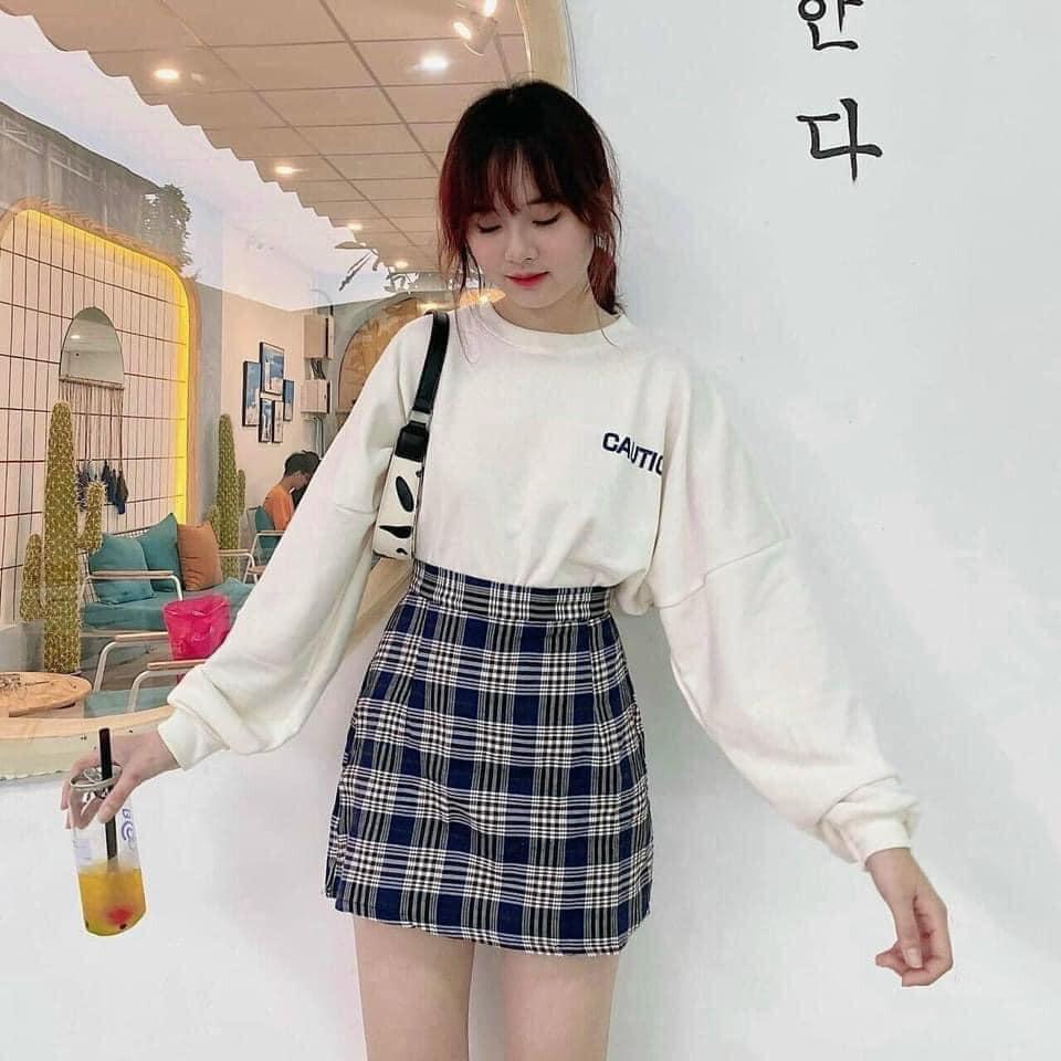 Set Váy Caro và Áo Tay Dài Ulzzang Nữ Hot Trend Mùa Hè