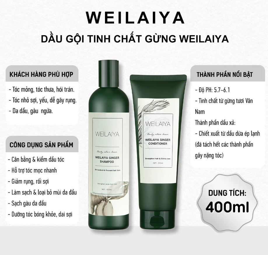 Set quà tặng cao cấp WEILAIYA: Cặp dầu gội xả gừng tươi cho da dầu - Giúp làm sạch dầu, tóc phồng, sạch gàu, giảm rụng tóc và thúc đẩy mọc tóc