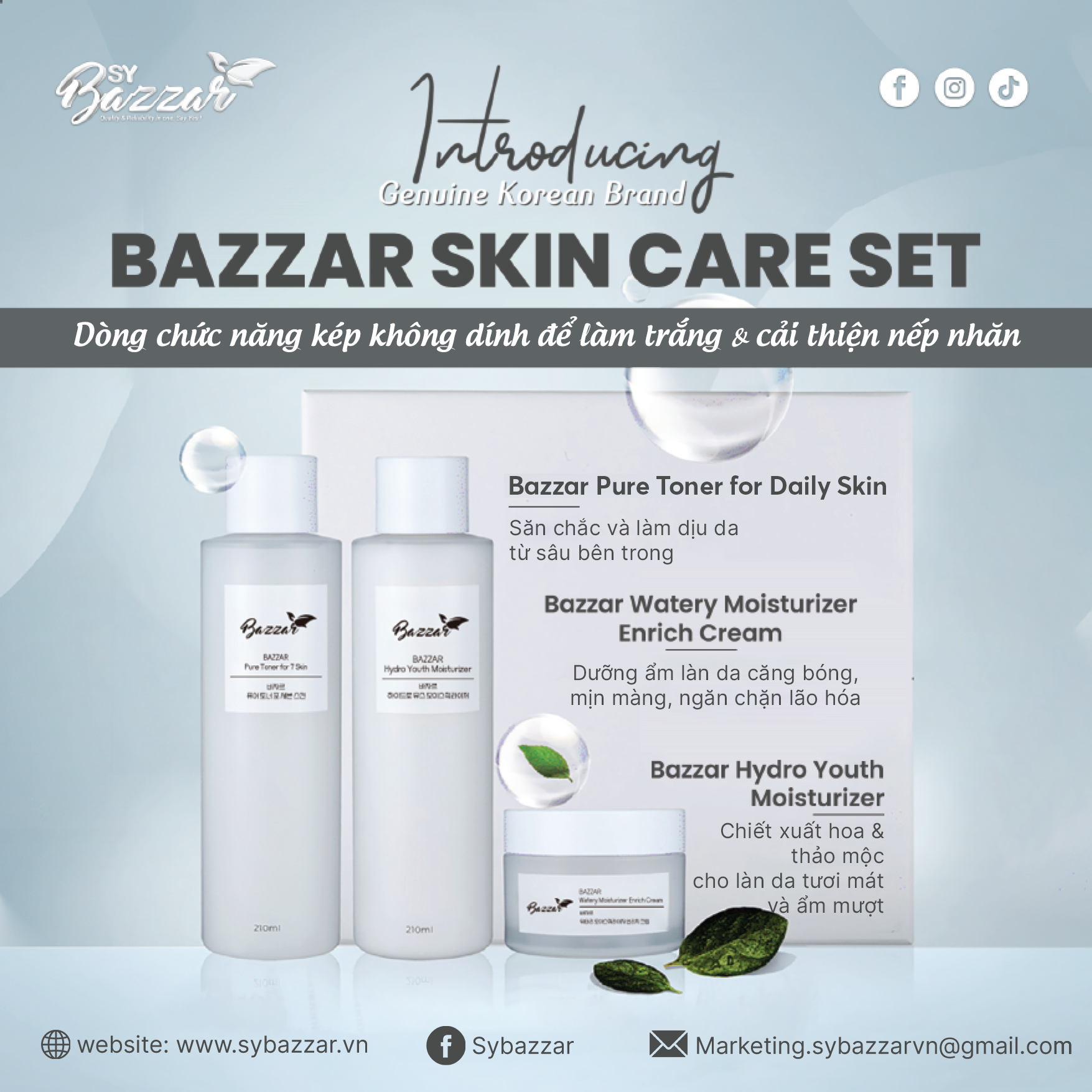 Bộ mỹ phẩm dưỡng trắng, chống lão hóa, phục hồi và làm mềm mịn da Bazzar SET