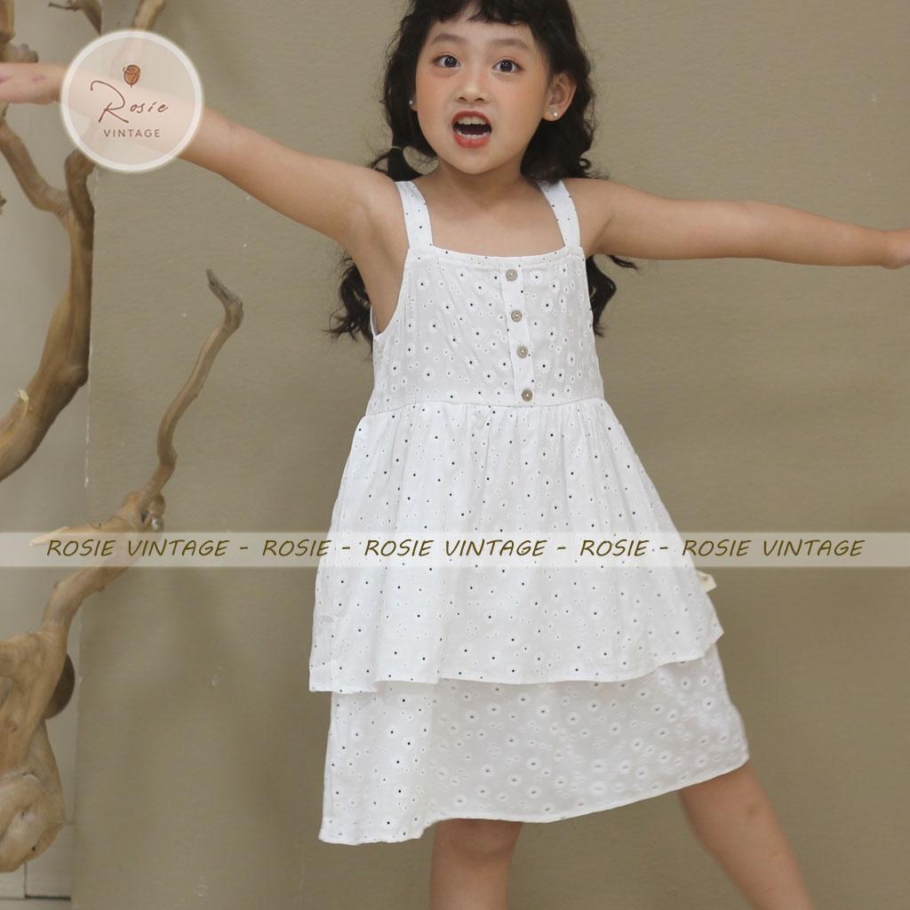 Váy 2 dây 2 tầng in hoa ROSIE V27, chất đũi lanh, vải mềm mát cho bé gái từ 9 - 36kg