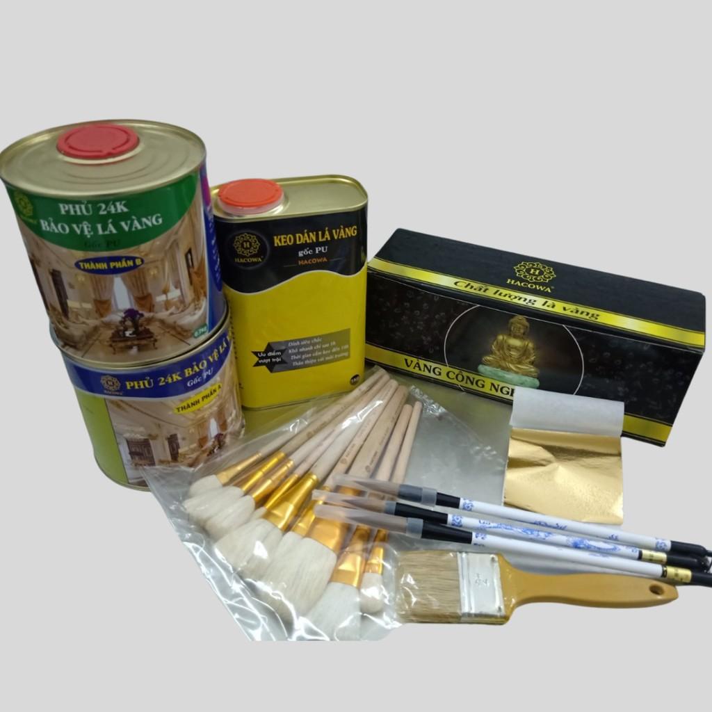 Combo 2500 lá dát vàng TRỌN BỘ DÁT VÀNG 24K TRÊN KIM LOẠI, GỖ, NHỰA kèm keo, phủ bảo vệ, bút chổi