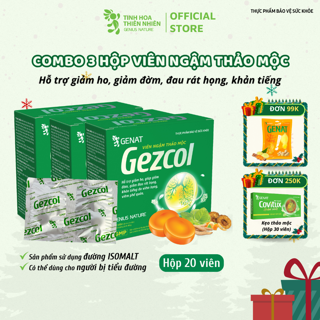 Combo 3 hộp viên ngậm Ho thảo mộc Gezcol Hỗ trợ giảm đau rát họng, khản tiếng do viêm họng, viêm phế quản (Hộp 20 viên) - Genat