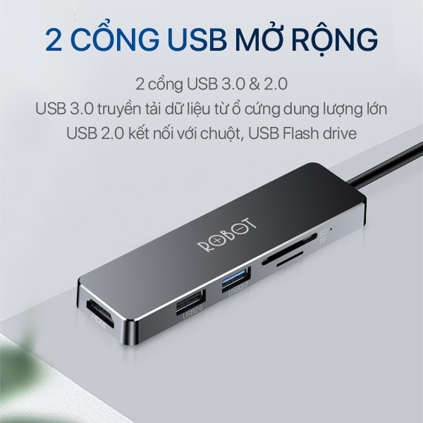 Bộ Chuyển Đổi Đa Năng HUB USB-C 5 In 1 ROBOT HT240S Type-C To USB 3.0/HDMI/PD/SD/TF - Hàng Chính Hãng