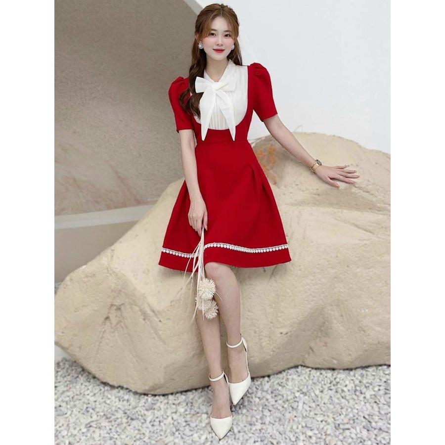 Đầm xoè tiểu thư viền ren phối cổ dập ly cột nơ duyên dáng
