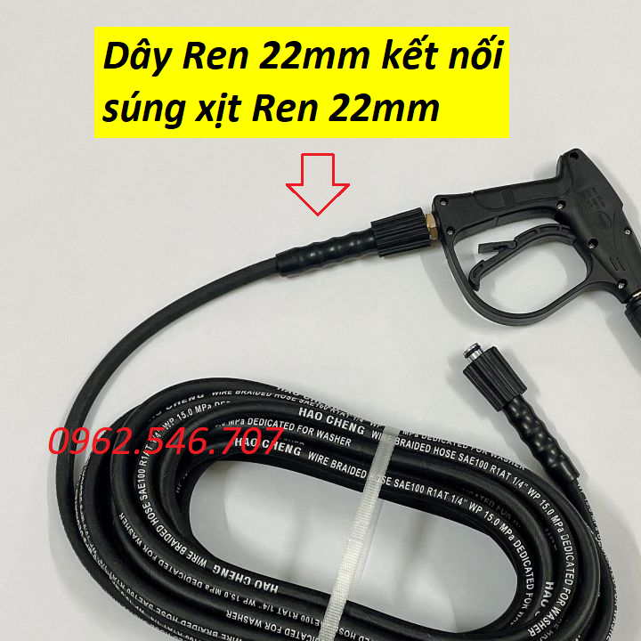 Bộ 10m,15m,20m dây rửa xe lõi thép và súng xịt rửa xe áp lực cao kiểu dài - REN 22mm- ( chọn bộ như hình )