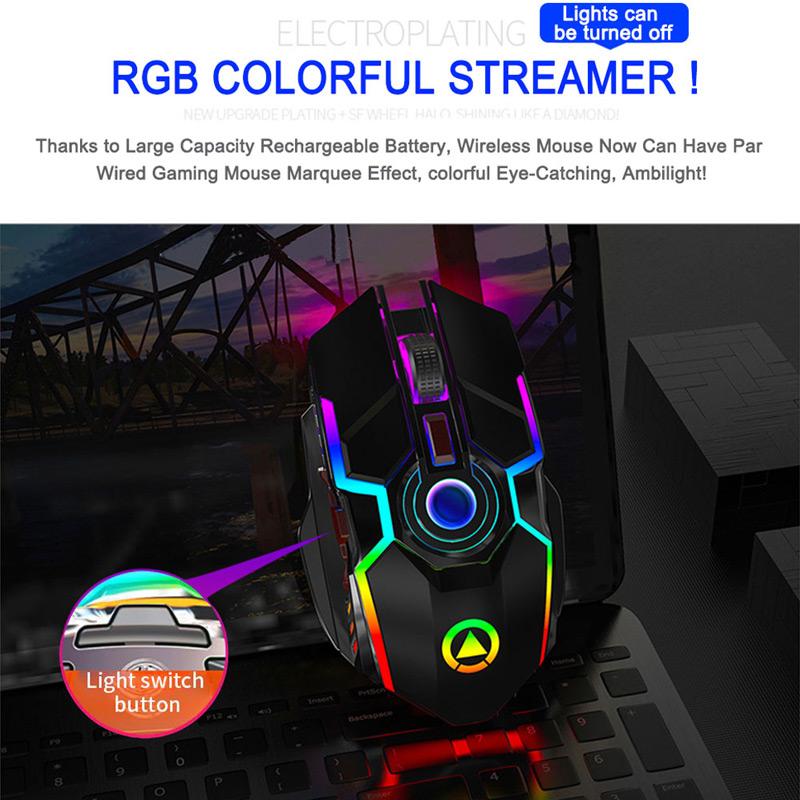 Chuột Chơi Game Không Dây Pin Sạc 2.4G Im Lặng 1600DPI Thiết RGB LED Backlit USB Thu Chuột Game Thủ Cho Máy Tính/Laptop