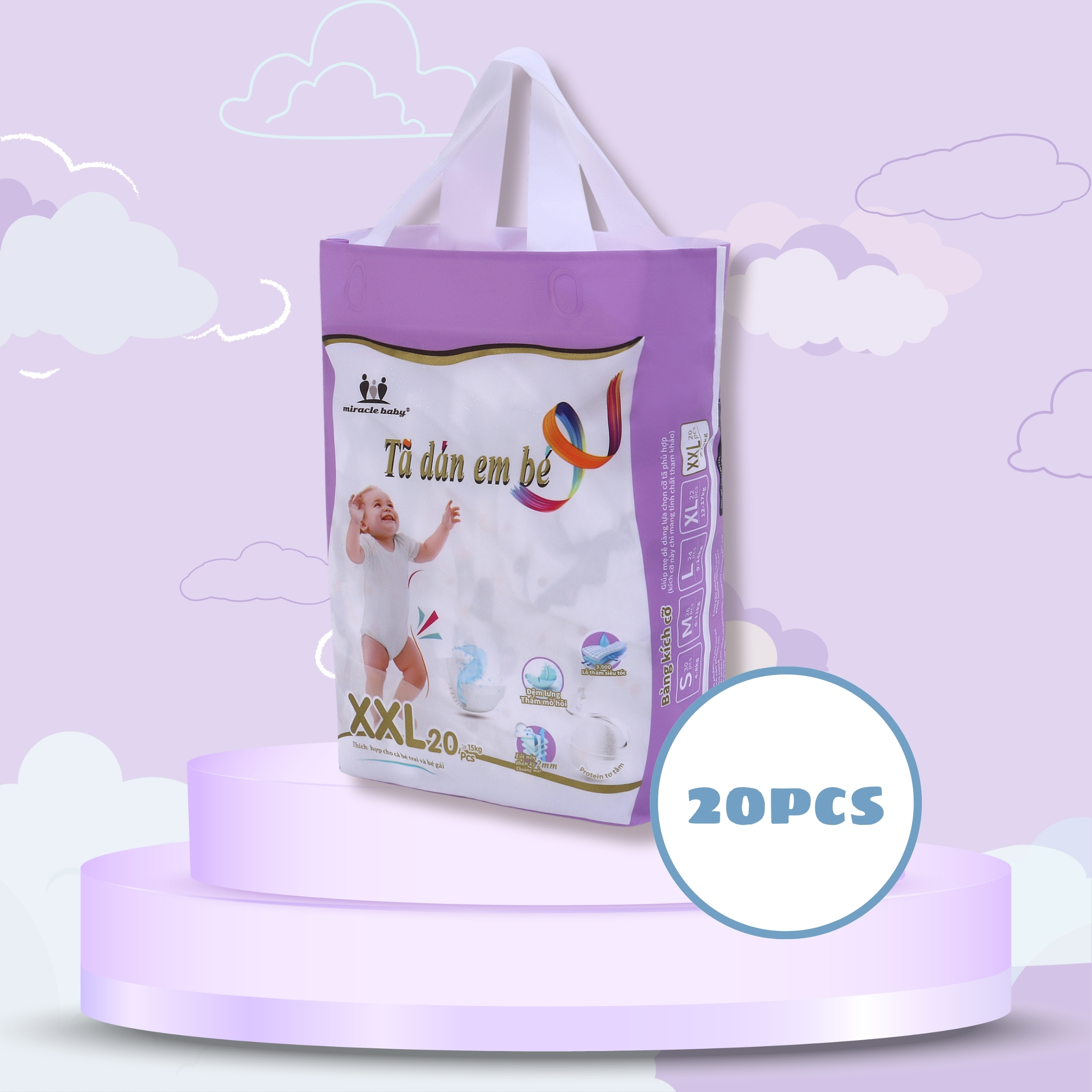 MiracleBaby - Tã dán tơ tằm size S/M/L/XL/XXL cho bé từ 4 - 17kg