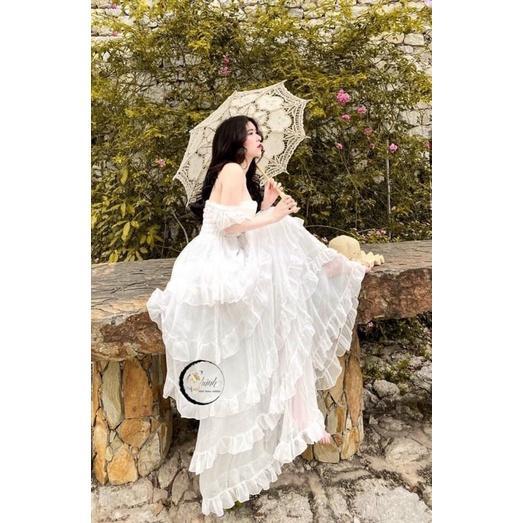 Váy đầm trắng dự tiệc maxi xòe 5 tầng công chúa xếp tầng dài hai dây bèo cánh tiên mùa tết. MET SHOP