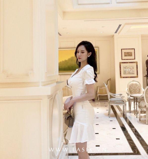 Đầm body tay phồng xếp ly cổ V, bèo lai kết hạt cao cấp