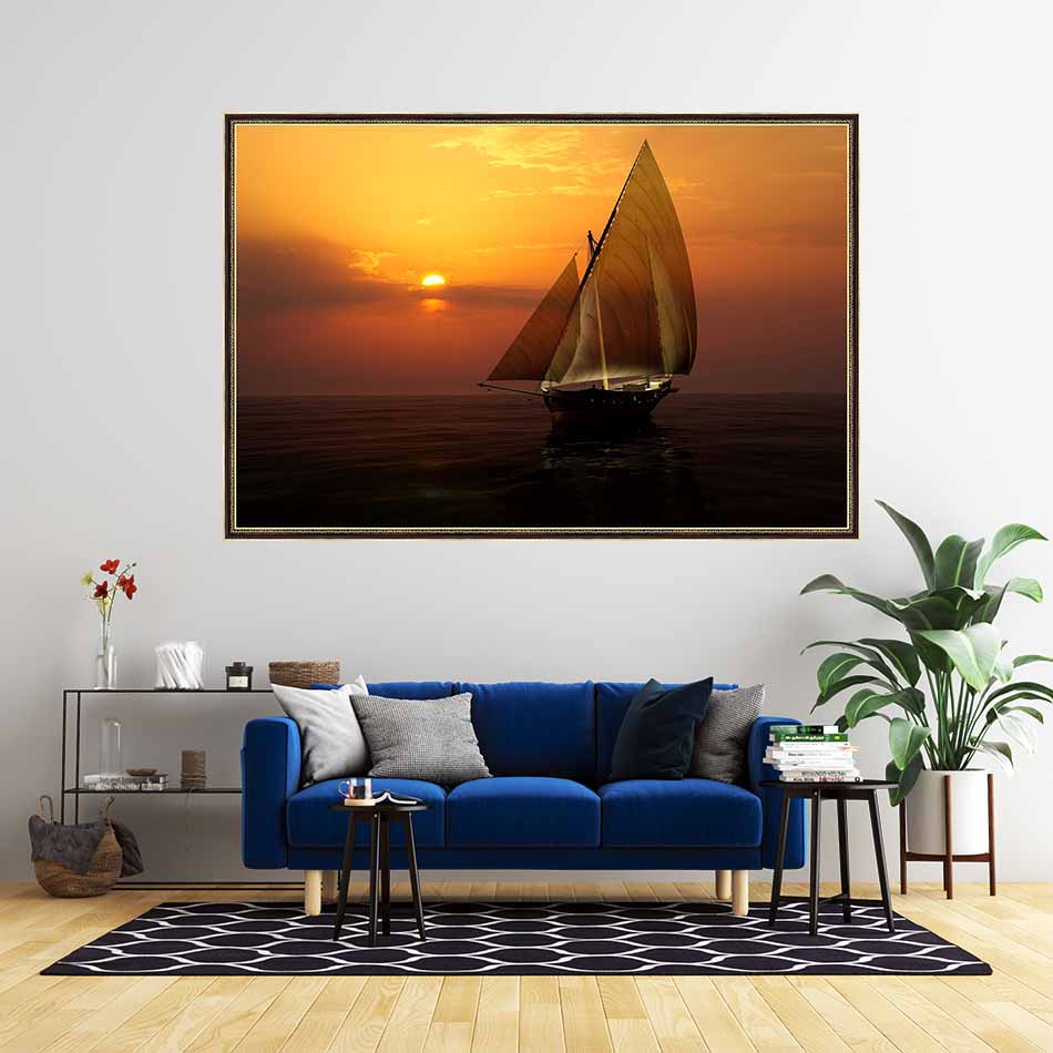 Tranh canvas phong thủy treo tường - Thuận buồm xuôi gió - TBXG010 - Khung hoa văn viền mỏng - 120x80cm