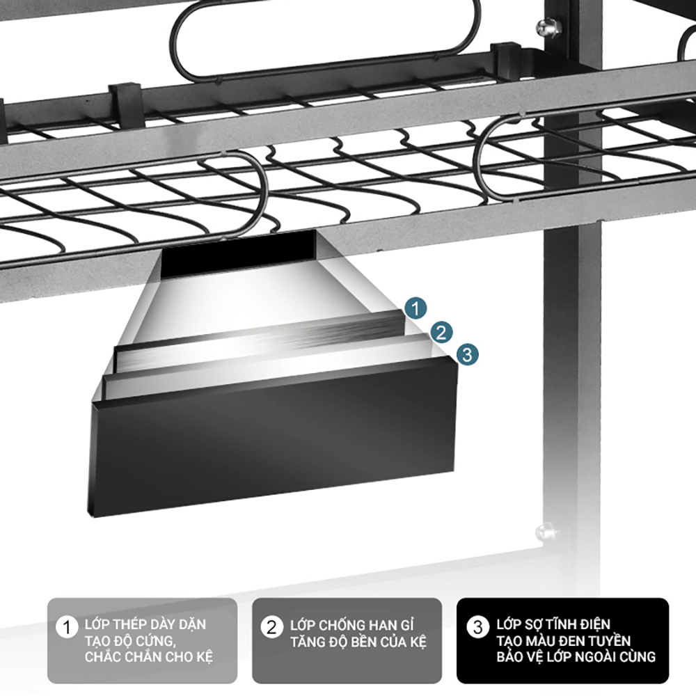 Kệ chén bát đa năng bằng thép carbon không gỉ, chống xước, sơn đen tĩnh điện, giá bát trên bồn rửa ráo nước cho nhà bếp sạch sẽ VANDO