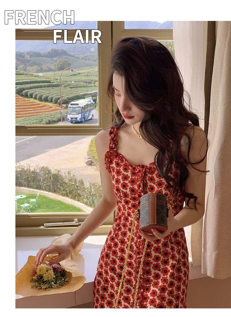 SHUANGYAN Tea Break Dress Pháp Vintage Fairy Dress Nhỏ giảm tuổi Pure Sex Wind Sling Dress Nữ 2023 Summer Dress