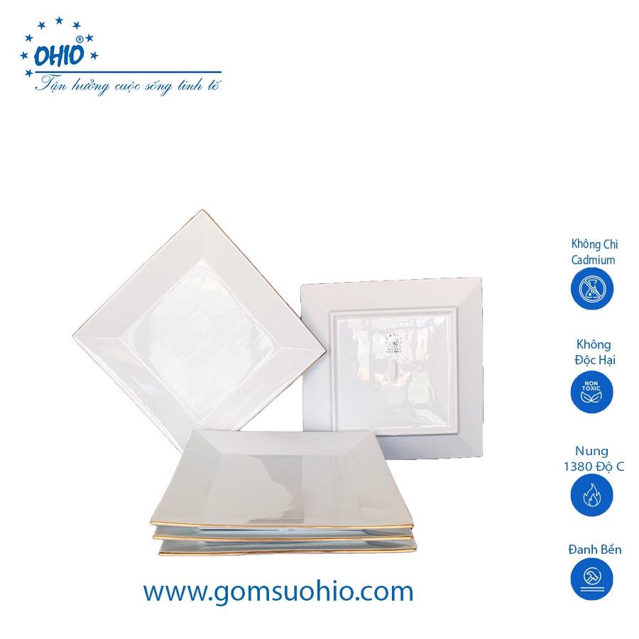 Đĩa Vuông 25cm Sứ Trắng Viền Kim OHIO