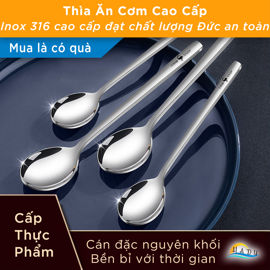 [Hộp 2 Cái] Muỗng Thìa Inox 316 Kiểu Hàn Quốc Cán Dài Cafe Nhỏ Tròn Ăn Phở Cho Bé Cao Cấp Đạt Chất Lượng LFGB Đức SSGP