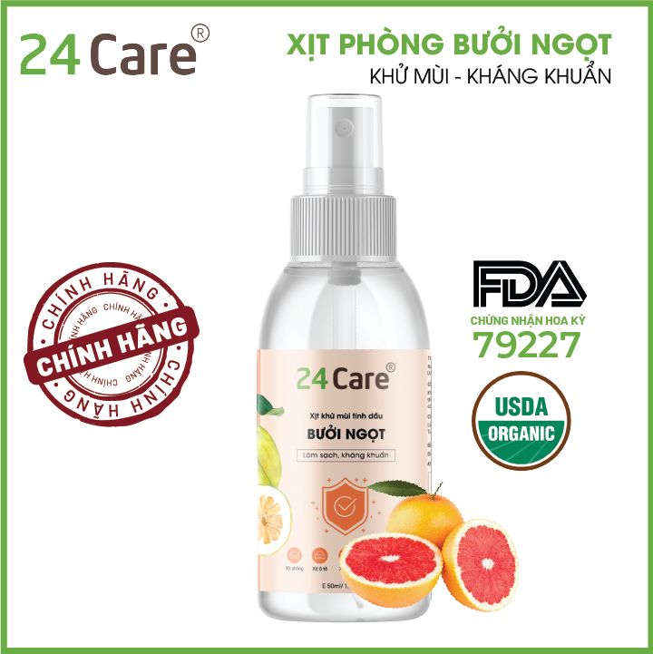 Xịt Phòng Tinh Dầu Bưởi Ngọt Hữu Cơ Organic 24Care 50ML/100ML - Kháng khuẩn - Khử mùi hôi - Đuổi muỗi, côn trùng - Xịt không gian bàn ăn, giúp ăn ngon miệng hơn - Hương thơm thư giãn