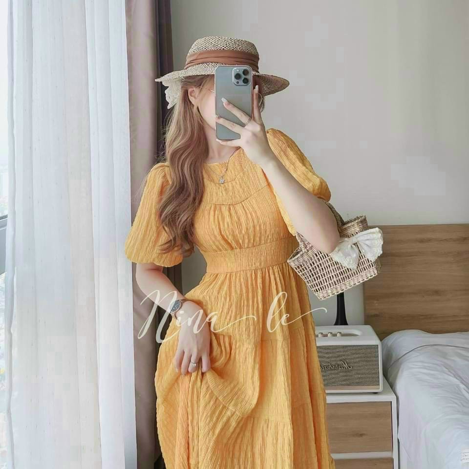 Đầm maxi cổ tròn vải xốp mặc mát cho ngày hè
