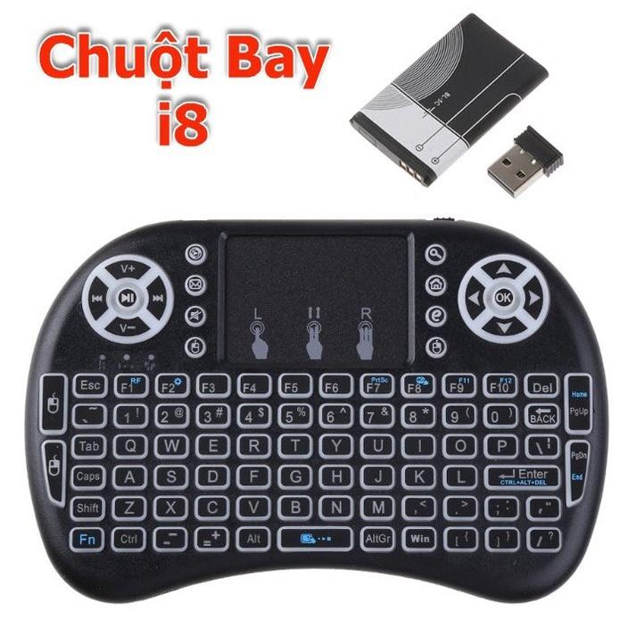 Chuột Bay Kiêm Bàn Phím Không Dây I8 Cho Smart Tivi &amp; Androi Box, dùng pin Sạc, Có đèn Led