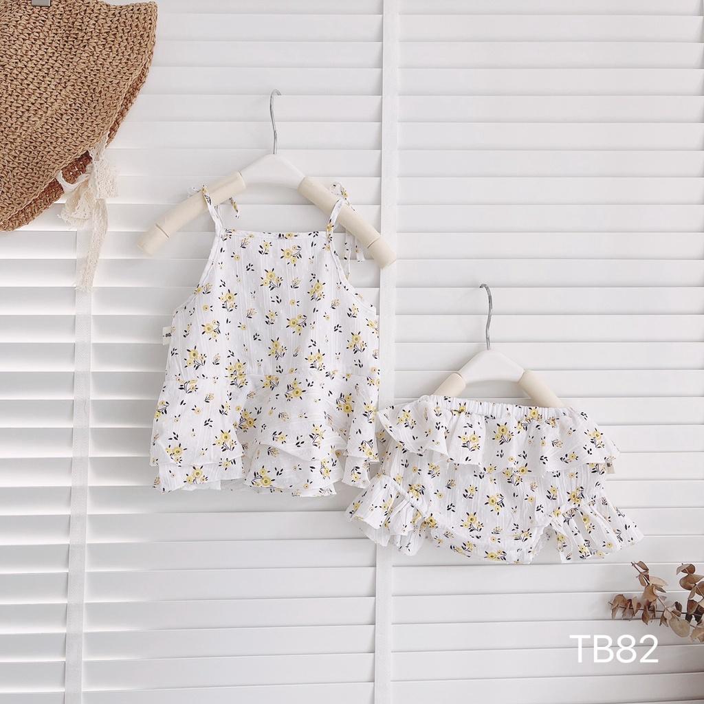 Set áo 2 dây quần đùi chip họa tiết hoa nhí cho bé gái siêu xinh, vải thô mềm, thoáng mát size 6 - 15 kg
