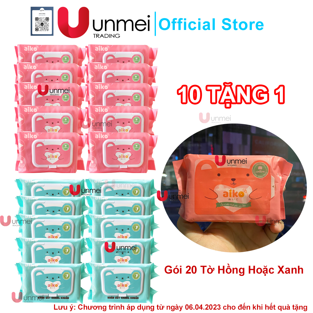 Combo 10 Gói Khăn Ướt Aiko Kháng Khuẩn Xanh/Khăn Ướt Không Mùi Hồng 100 tờ/gói