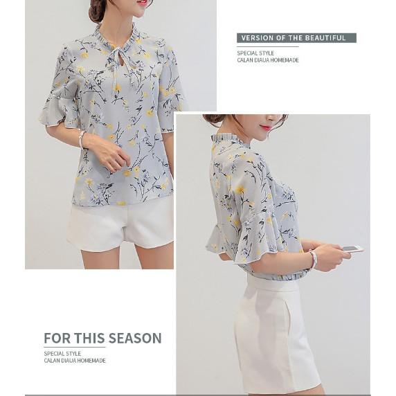 Sơ mi công sở, đi chơi tay bèo, tay lơ cổ nơ chất Voan họa tiết hoa siêu đẹp mặc mát mẫu mới 2021