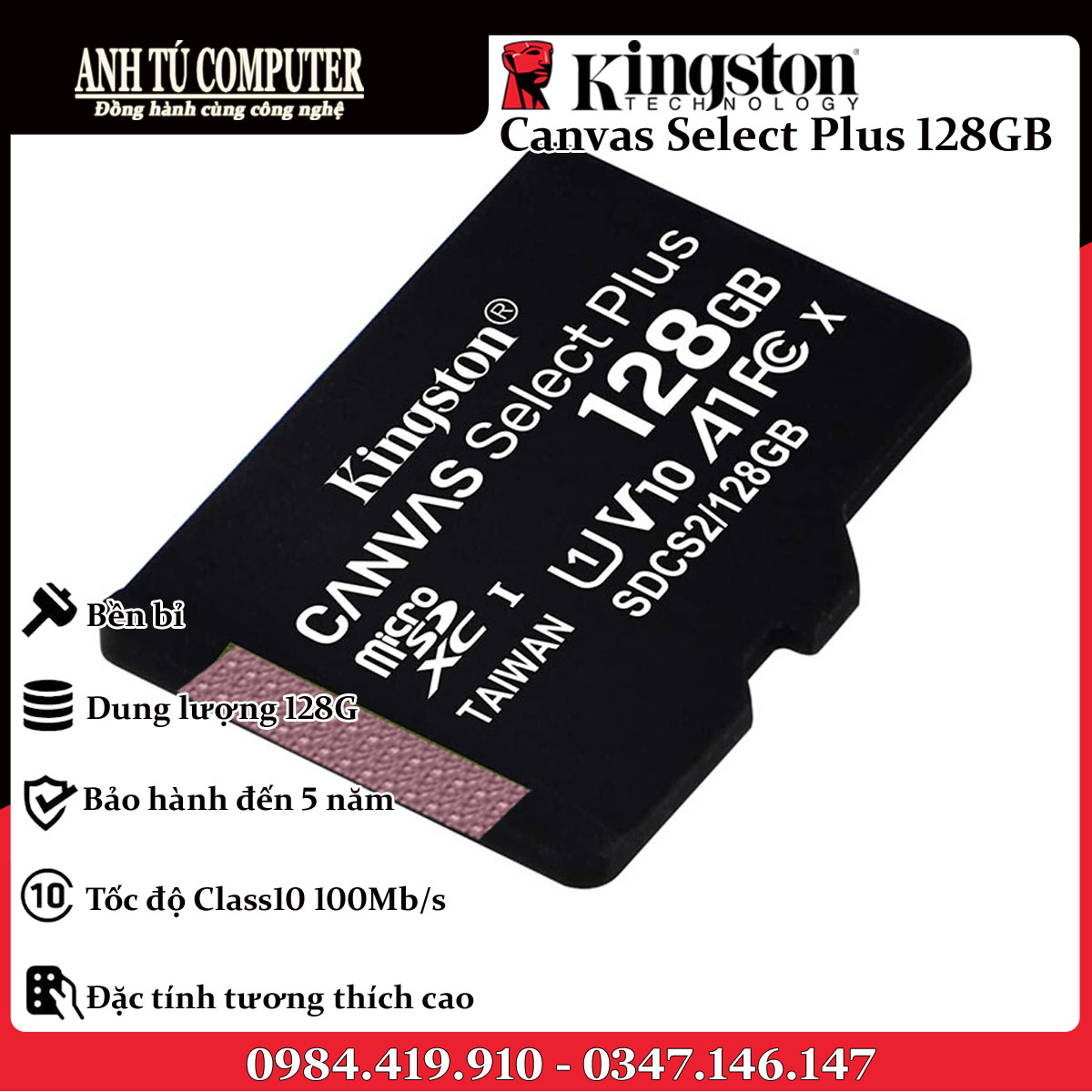Thẻ Nhớ Kingston 128GB Micro SD Class 10 SDCS2/128GB hàng chính hãng