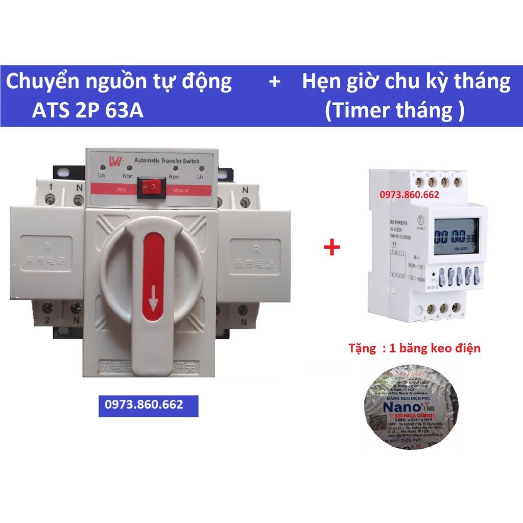 Combo Bộ chuyển nguồn ATS 2P 63A + Timer tháng ( hẹn giờ chu kỳ tháng ) - Đấu dây và cài đặt sẵn