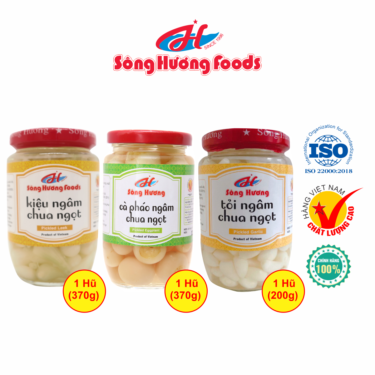 Combo 1 Hũ Củ Kiệu Ngâm Chua Ngọt 370g + 1 Hũ Cà Pháo Muối Ngâm 370g + 1 Hũ Tỏi Ngâm Chua Ngọt 200g Sông Hương Foods