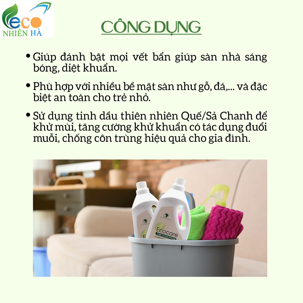 Nước lau sàn ECOCARE 1L tinh dầu thiên nhiên, nước lau nhà đuổi muỗi, chống trượt cho bé