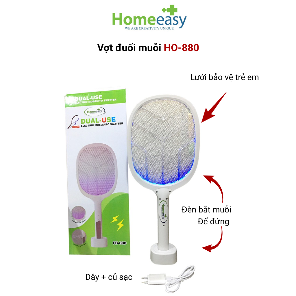 Vợt muỗi điện kiêm đèn bắt côn trùng thông minh Homeeasy HO-880 - Vợt đuổi muỗi 3in1 - Tích hợp đèn nhữ muỗi tự động - Bảo hành 3 tháng