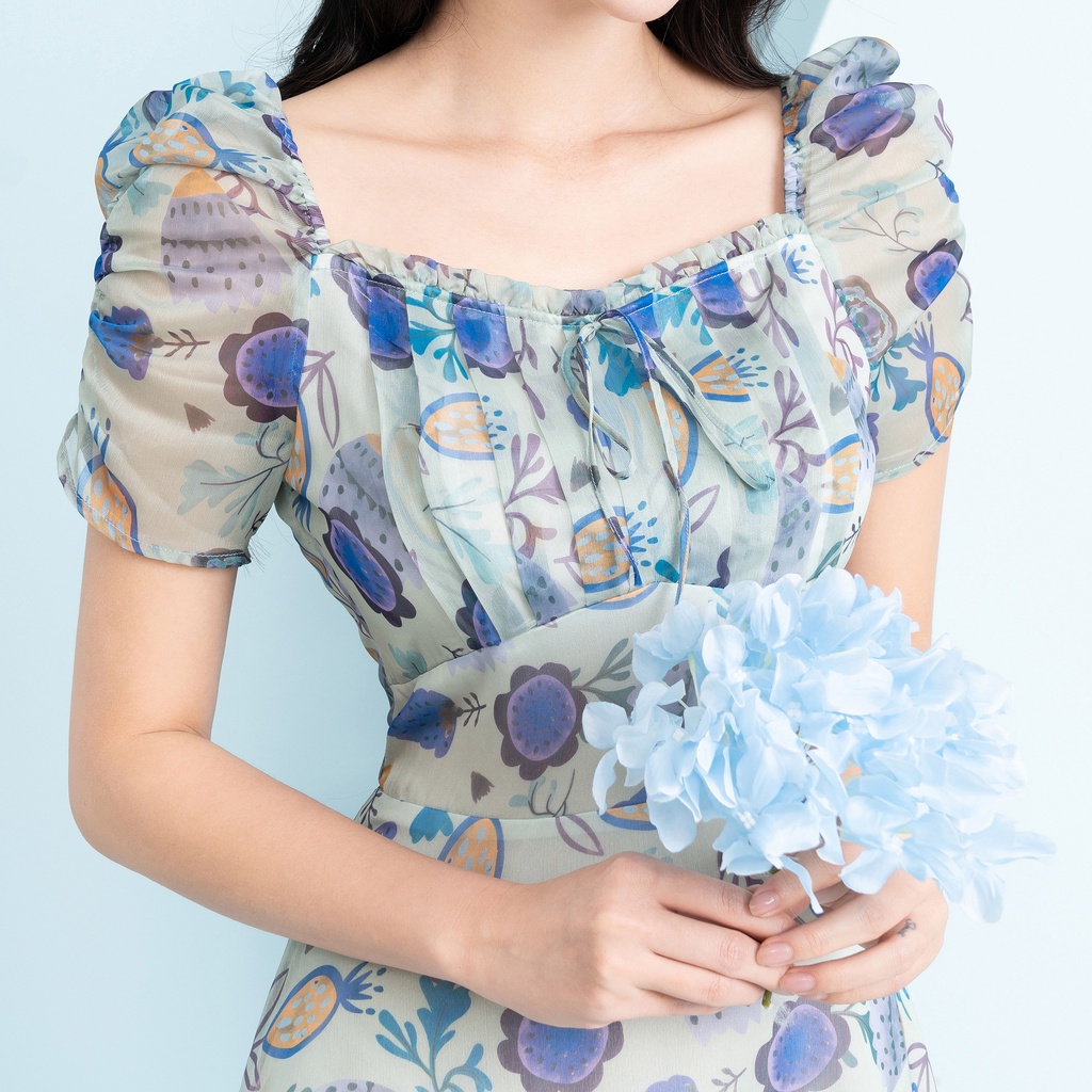 Đầm Hoa Xòe Phối Ngực NhúnThời Trang UK Fashion Thiết Kế Cổ Vuông Nữ Tính, Chất Liệu Vải Cao Cấp NKDV2203009