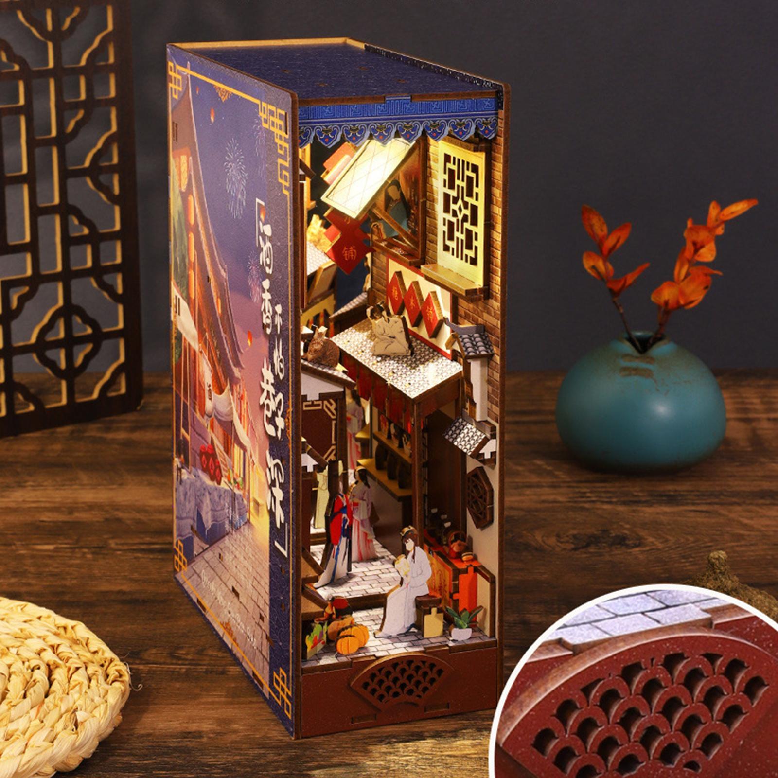 3D Wooden Puzzle Bookend Stand Kit ,DIY Model Miniature Dollhouse Kit unassembled with LED Bookshelf Insert for Gift Boys