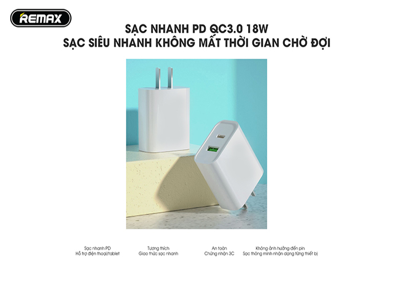 Củ Sạc Điện Thoại  Remax WP-U72 - 2 cổng WP-U72 QC3.0/PD 18W - Hàng Chính Hãng