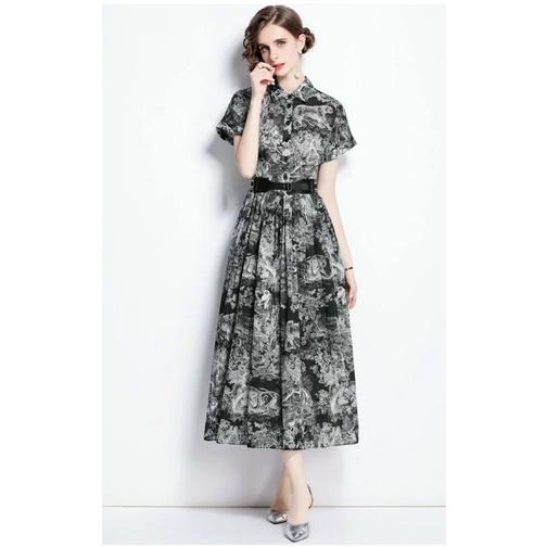 HÀNG NHẬP - ĐẦM XÒE LỤA CỔ SƠ MI IN HỌA TIẾT KÈM NỊT