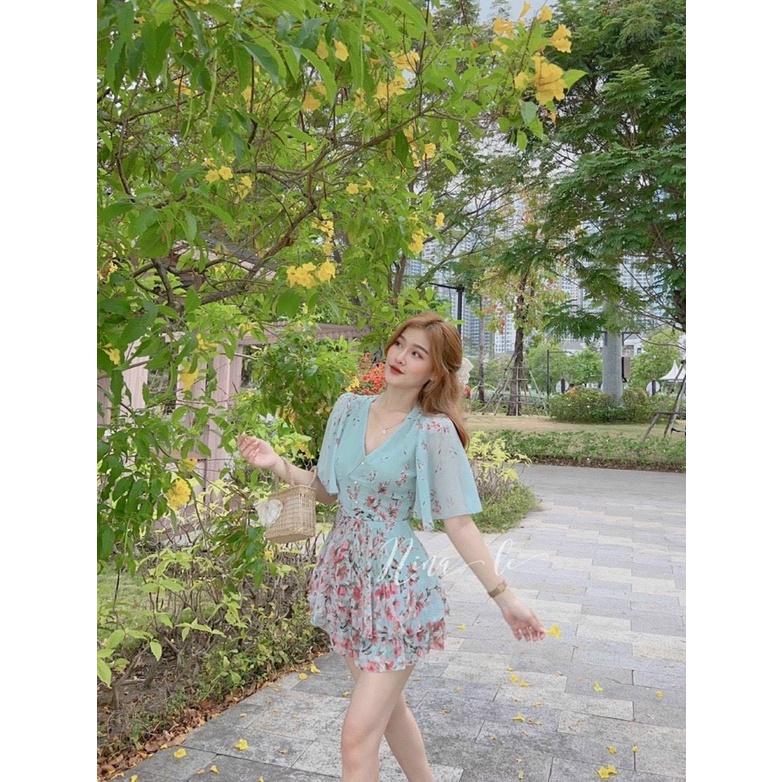 Đầm váy nữ voan hoa xếp tầng cao cấp tay xòe,đính nút ngực phù hợp đi chơi dạo phố,đi đám tiệc