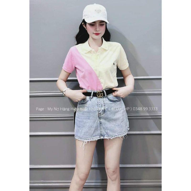 Áo thun cổ bẻ phối màu hồng - be dễ thương