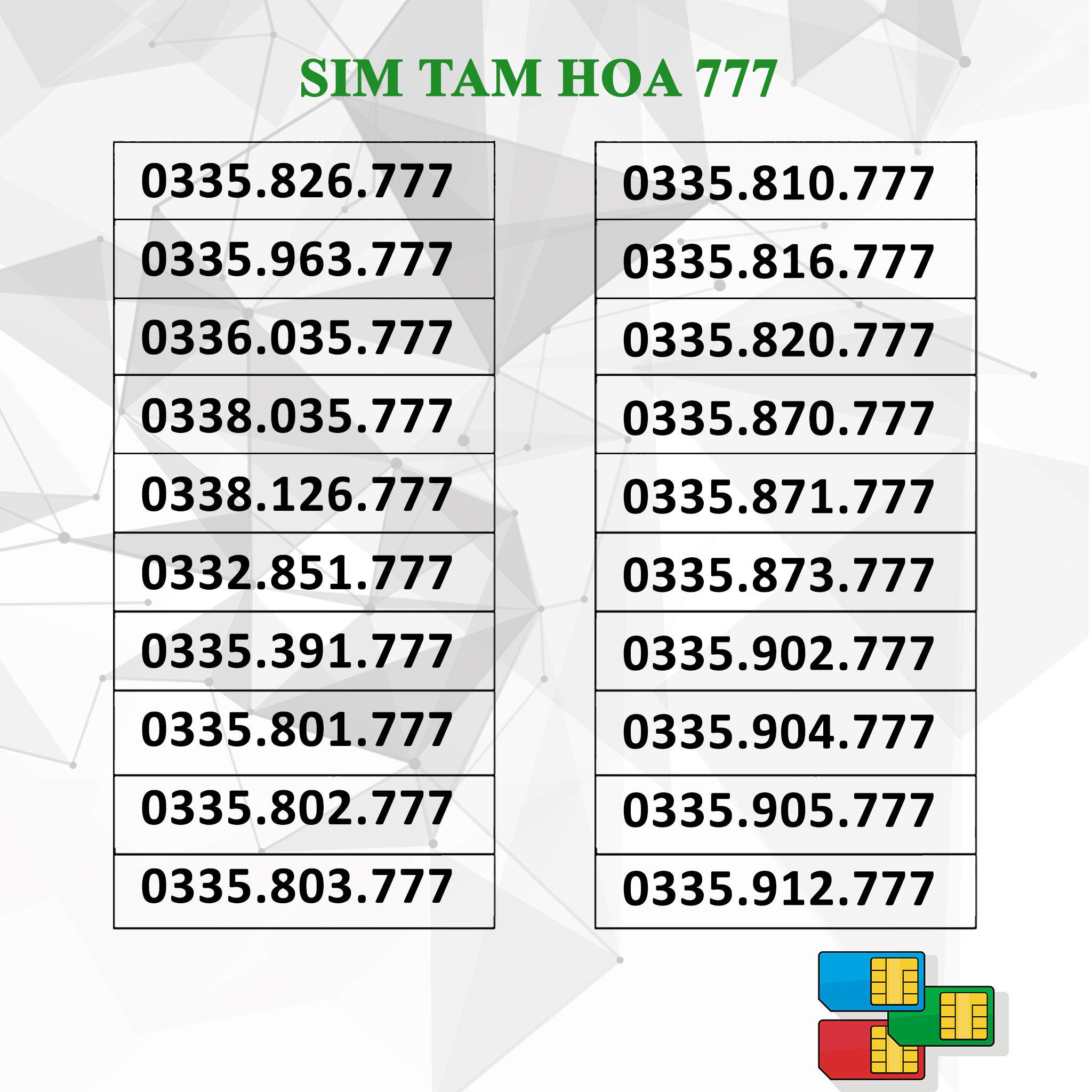 Sim Số Đẹp VIETTEL Tam Hoa 777 - HỖ TRỢ ĐĂNG KÝ CHÍNH CHỦ - HÀNG CHÍNH HÃNG