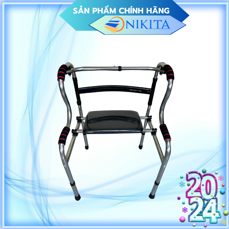 Khung tập đi hỗ trợ đi lại có ghế ngồi khi mỏi chân, thiết kế tay cầm 2 tầng hỗ trợ vịn nắm chắc chắn, chính hãng Nikita