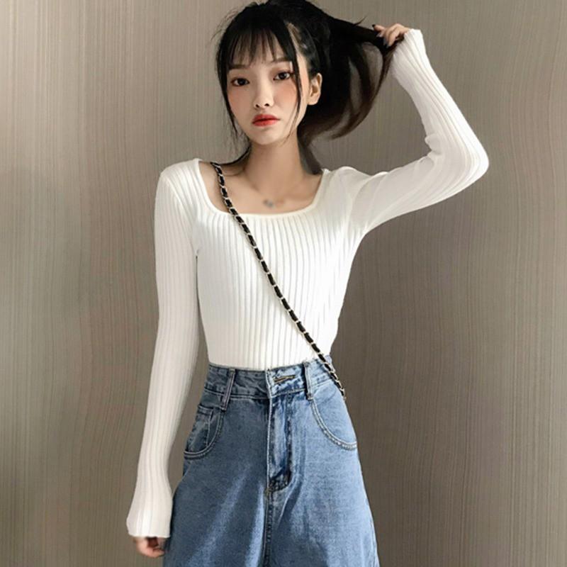 Áo Thun Dệt Kim Tay Dài Cổ Vuông Màu Trơn Thiết Kế Đơn Giản Cho Nữ