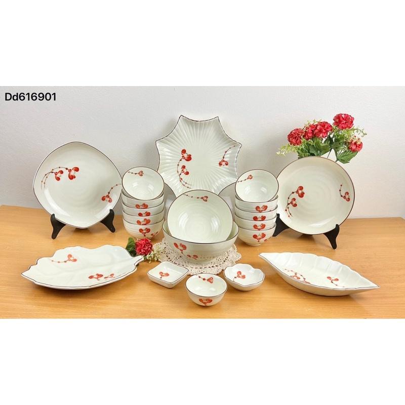 Bộ bát đĩa 18-20 món men kem, họa tiết vẽ thủ công. Gốm sứ Bát Tràng