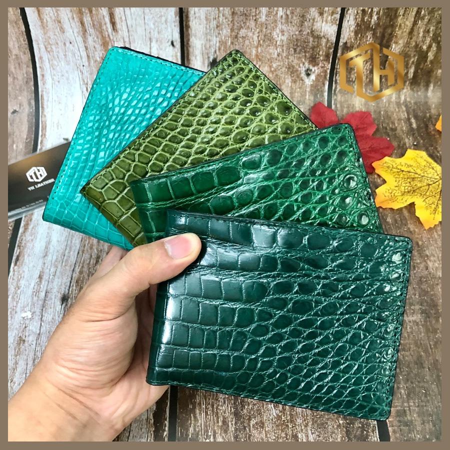 Ví Da Cá Sấu Màu Xanh 1 Mặt, Bóp Nam Da Cá Sấu Thật Siêu Mềm Xanh Lá Mạ, Xanh Ngọc, Xanh Lá Cây , Dáng Ngang BH 24 Tháng