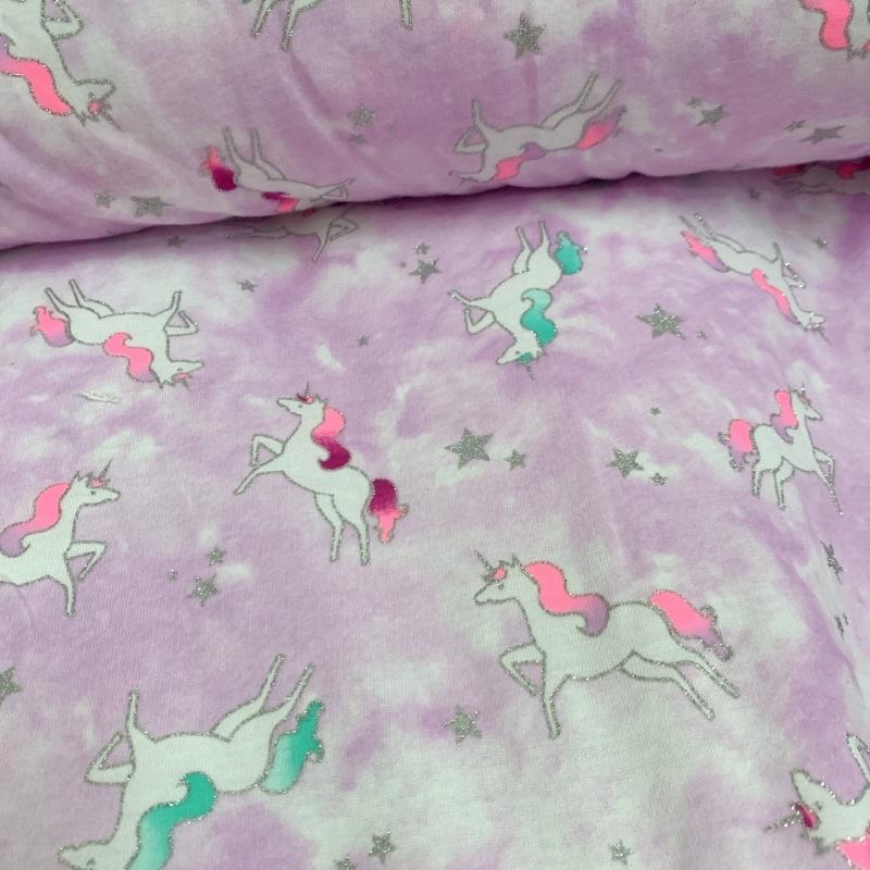 Vải thun cotton hình ngựa Pony nền hồng tím