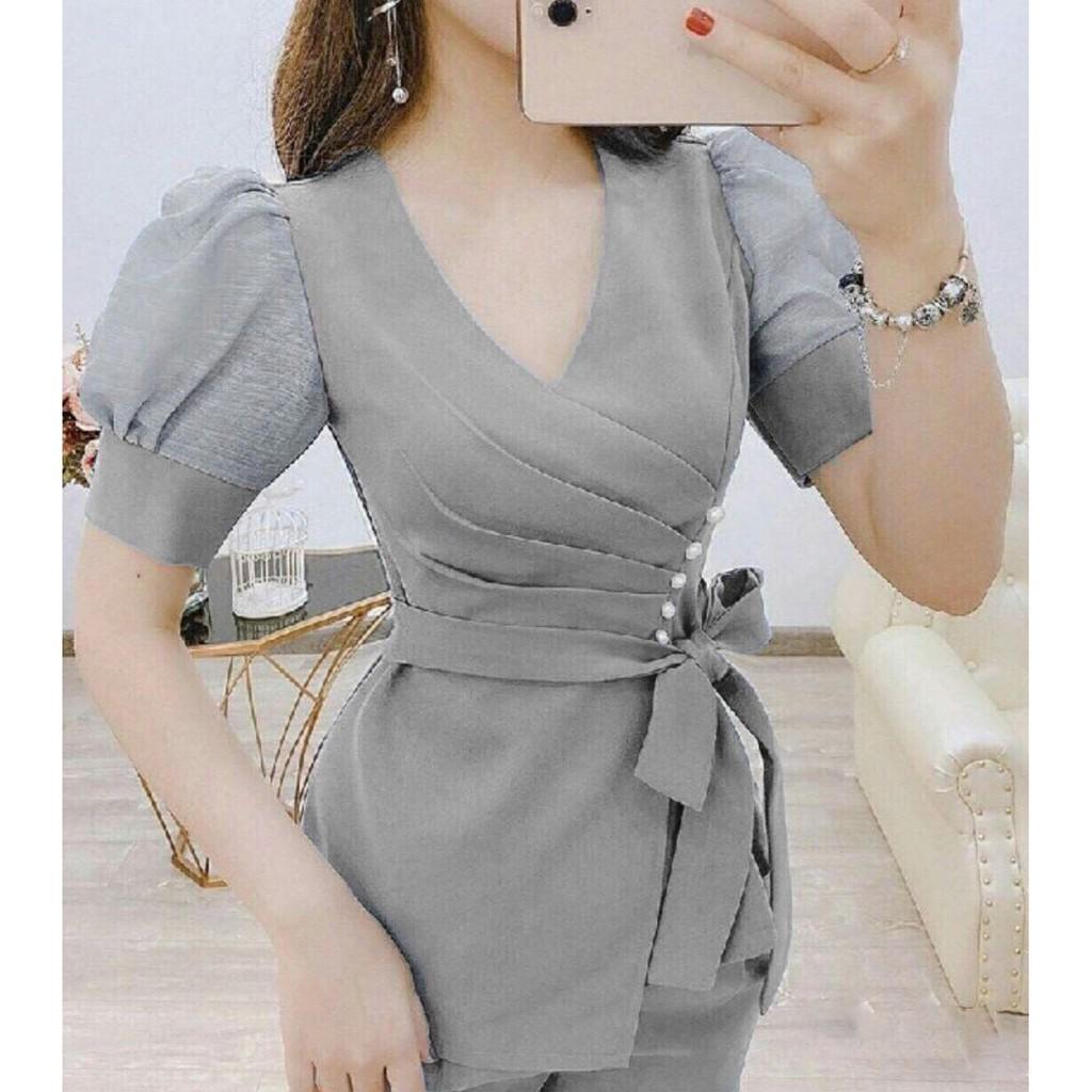 Sét Đồ Bộ Áo Xếp Ly Đính Nơ Đóng Cườm Tay Tơ Lưới & Quần Dài