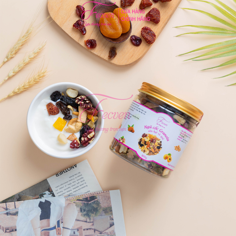 Granola Siêu Hạt Và Quả Fecven - Ngũ Cốc Granola Ăn Kiêng Giảm Cân, Eat Clean, Ăn Vặt, Bữa Phụ Tiện Lợi, Không Đường, 12 Thành Phần Hạt Và Quả Sấy Dẻo - Vị Nguyên Bản