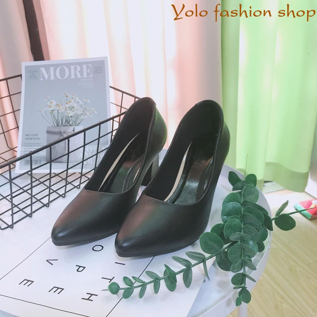 Giày cao gót nữ da lì đế vuông 7cm dáng basic hàng VNXK da mềm êm chân -HC02